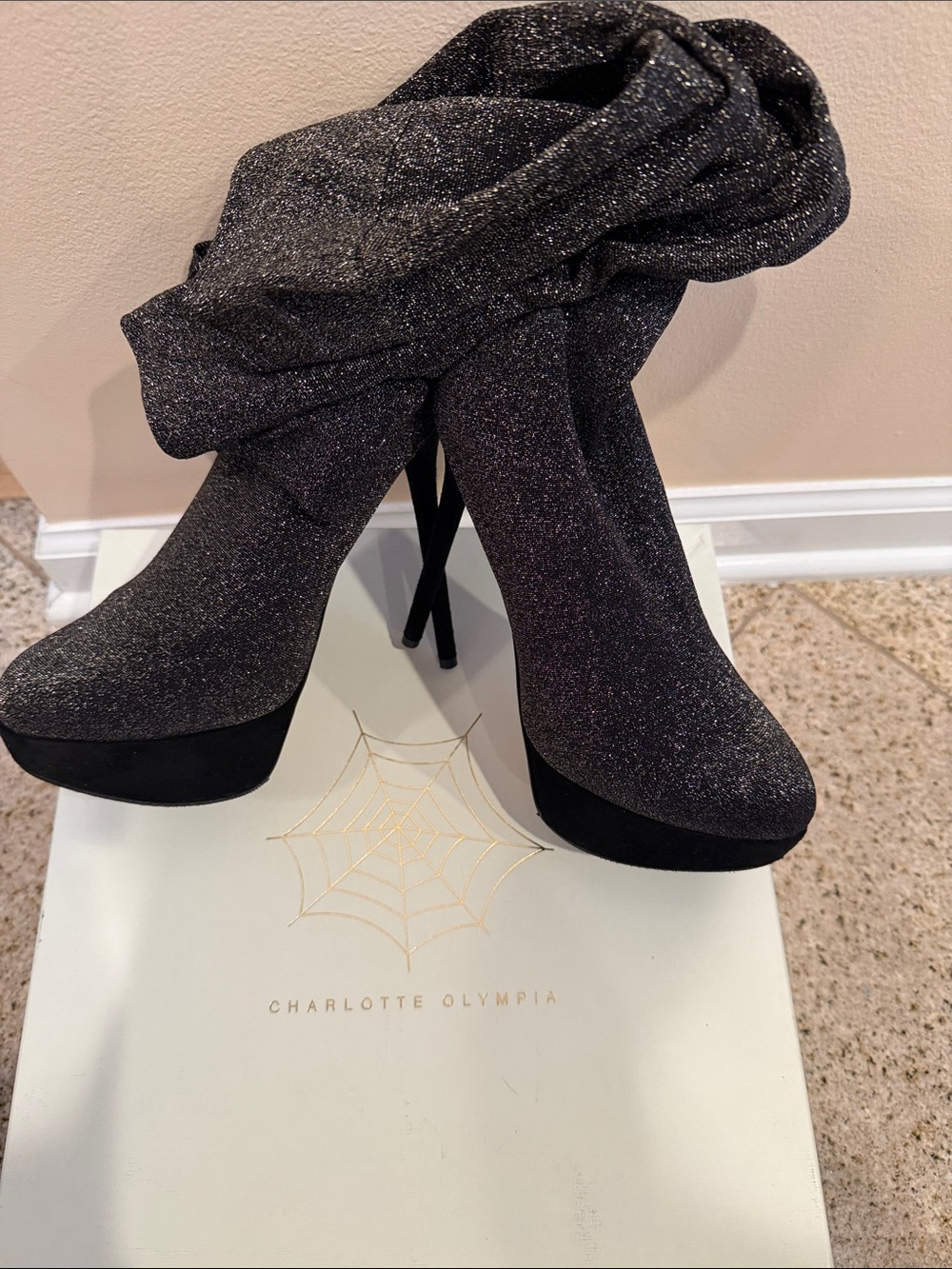 New Charlotte Olympia Black Glitter Platform Stiletto Boots
